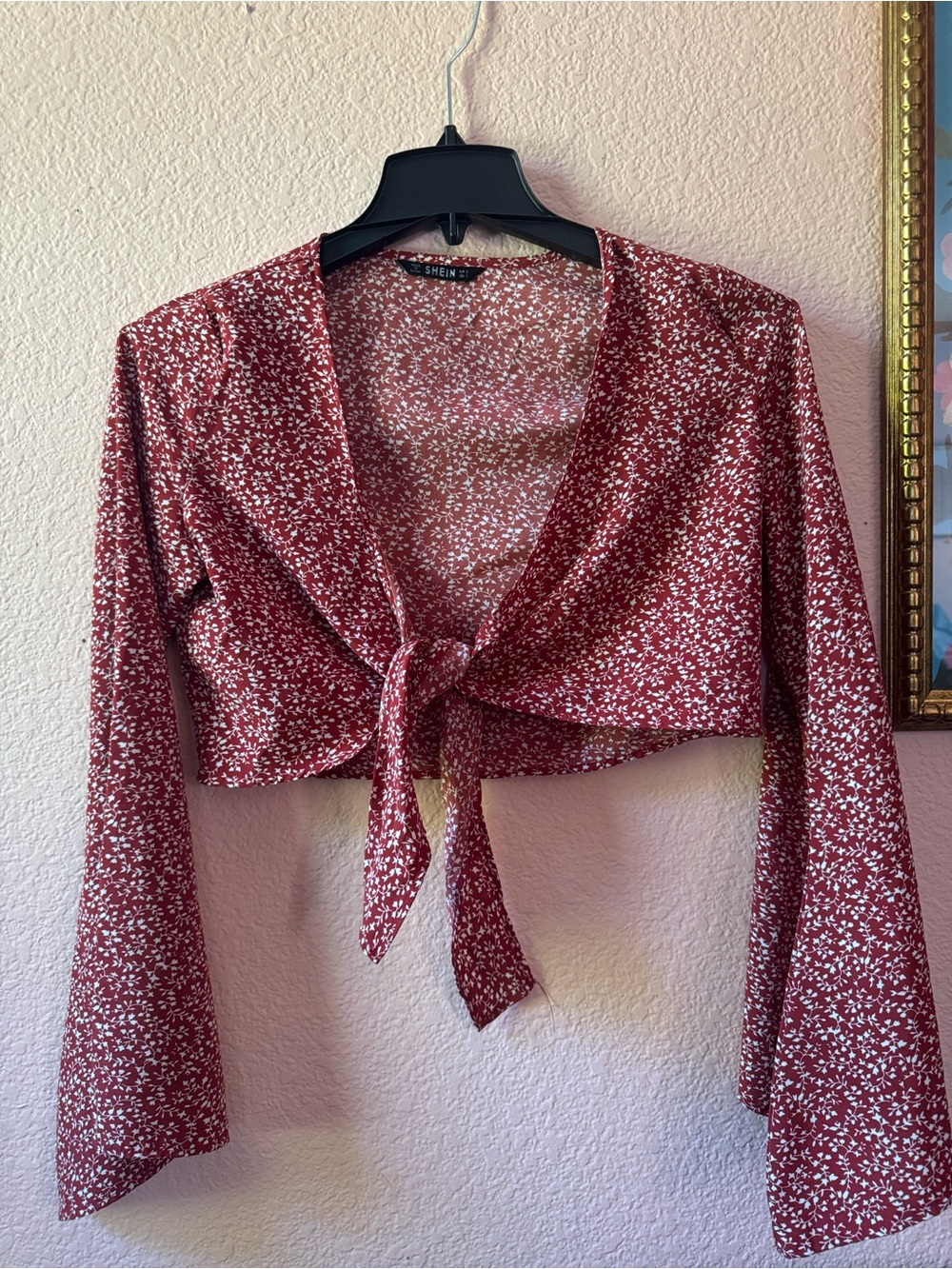 Boho Red Floral Tie-Front Bell Sleeve Crop Top Shrug